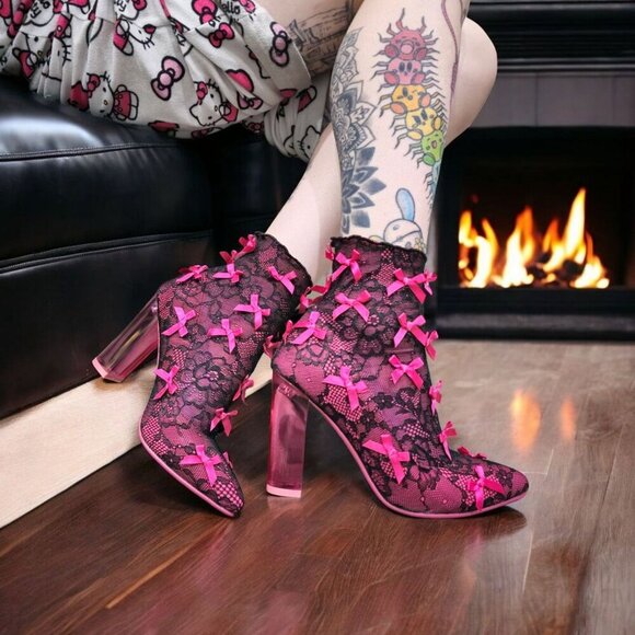 Sugar Thrillz Lace Booties | Pink Stretch Transparent Heel Bow Accent 7 - Picture 12 of 14